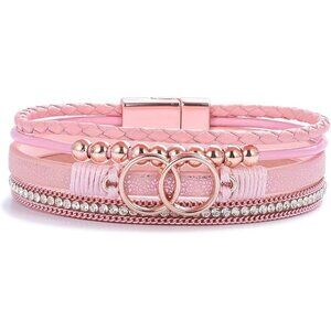 Leather Boho Wrap Bracelet Pink Beaded Infinity Jewelry for Women Gift